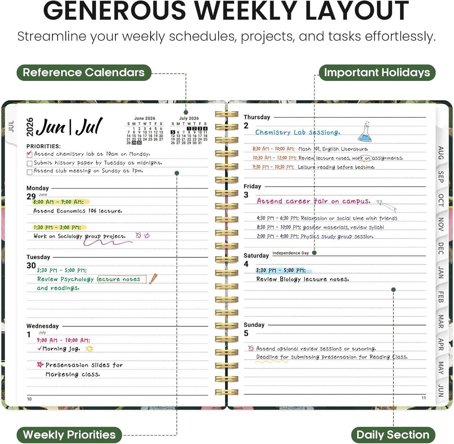 Planner 2026-2027, Academic Year Monthly and Weekly Calendar Planner, Jul 2026 - Jun 2027, Hardcover Teacher Student Planning Agenda book with Tabs, Perfect for School Office Supplies, 6.3" x 8.5" - Wildflowers