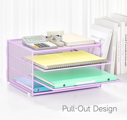 Lavatino 3-Tier Letter Tray Desk Organizer, Mesh Metal Paper File Tray Organizer for Desk, Office Supplies & Home Organization, Fits A4 Paper, Mail, Magazines & Office Accessories (Black with Handle)