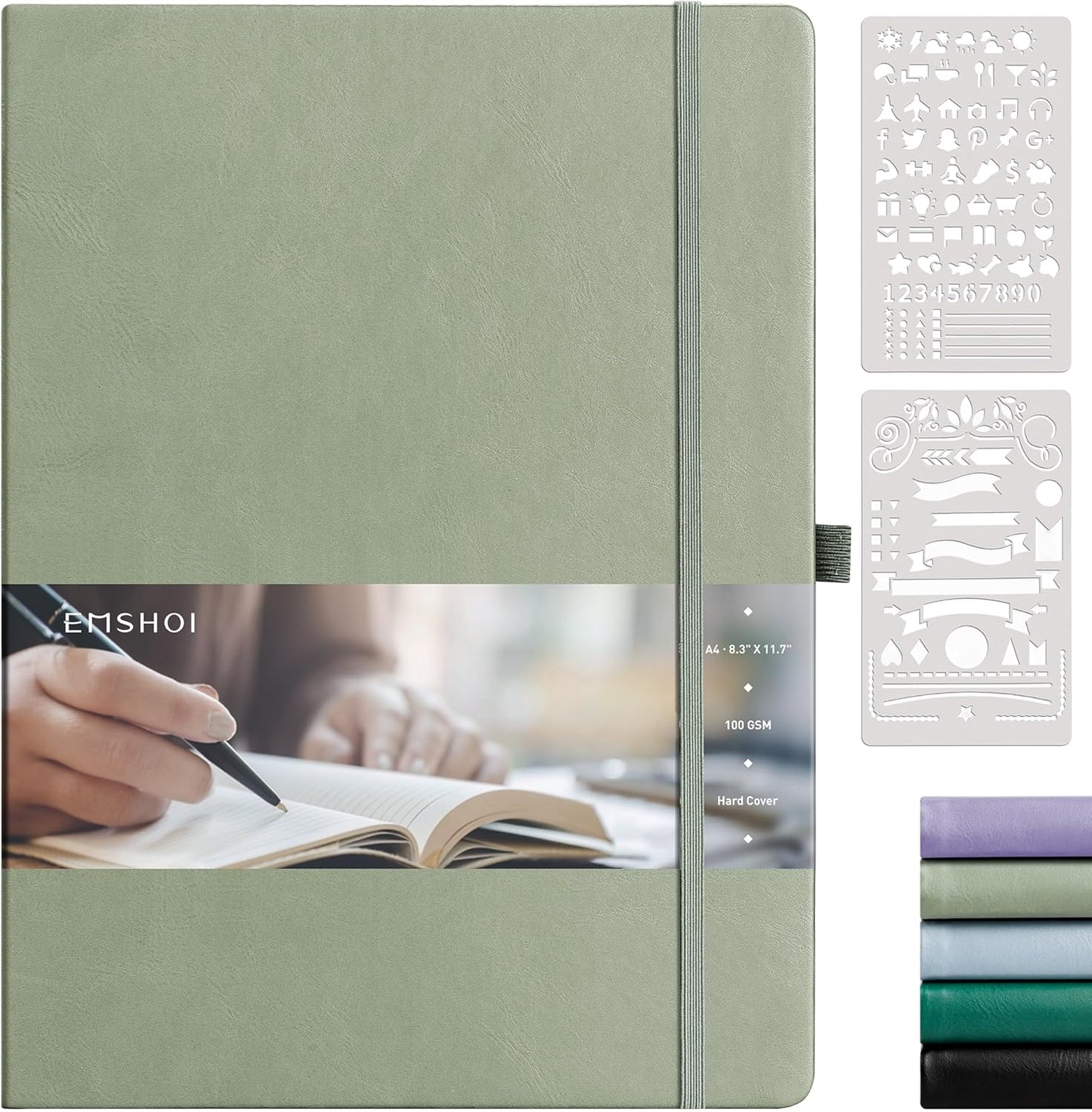 EMSHOI A4 College Ruled Notebook, Large 8.3" x 11.7", 192 Pages 100GSM Ink-Proof Faux Leather Hardcover Lay-Flat Lined Journal for Office School Work Writing, Black