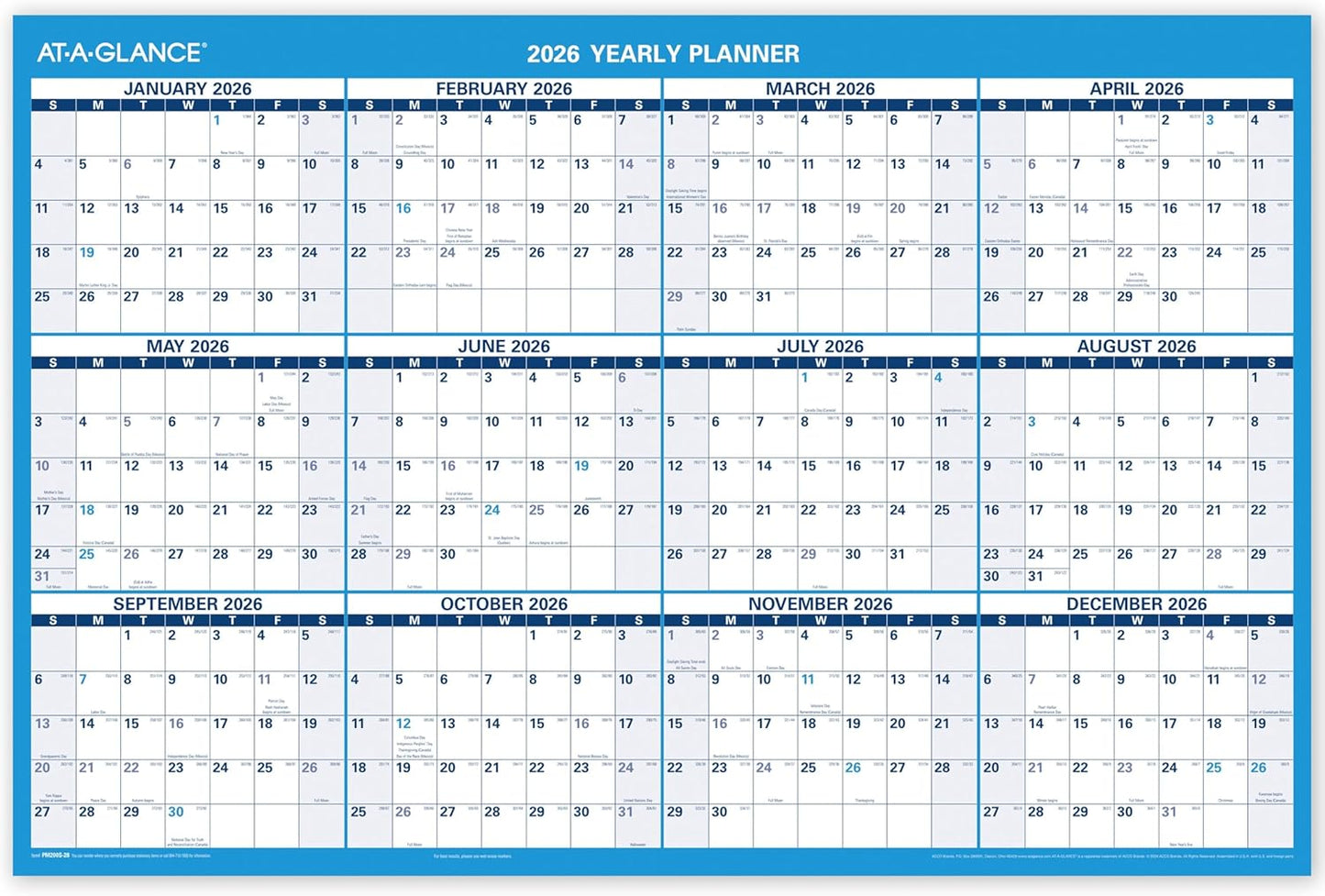 AT-A-GLANCE Dry Erase Calendar 2026-2027 Academic & Regular Year Wall Planner, 12-Month, 24" x 36", Double Sided, Vertical (PM210S28)
