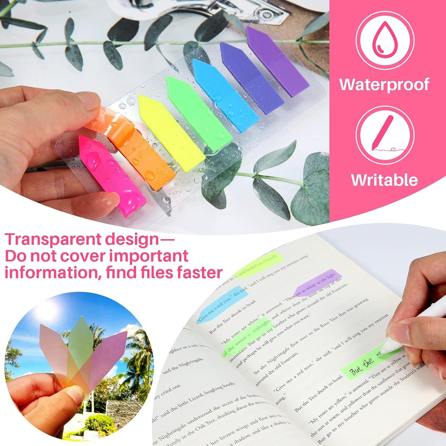 moinkerin 980 Pcs Sticky Notes Flags, 7 Color Index Tabs Index Flag Bright Colors Page Index Stickers Translucent Page Makers for Page Bookmarks