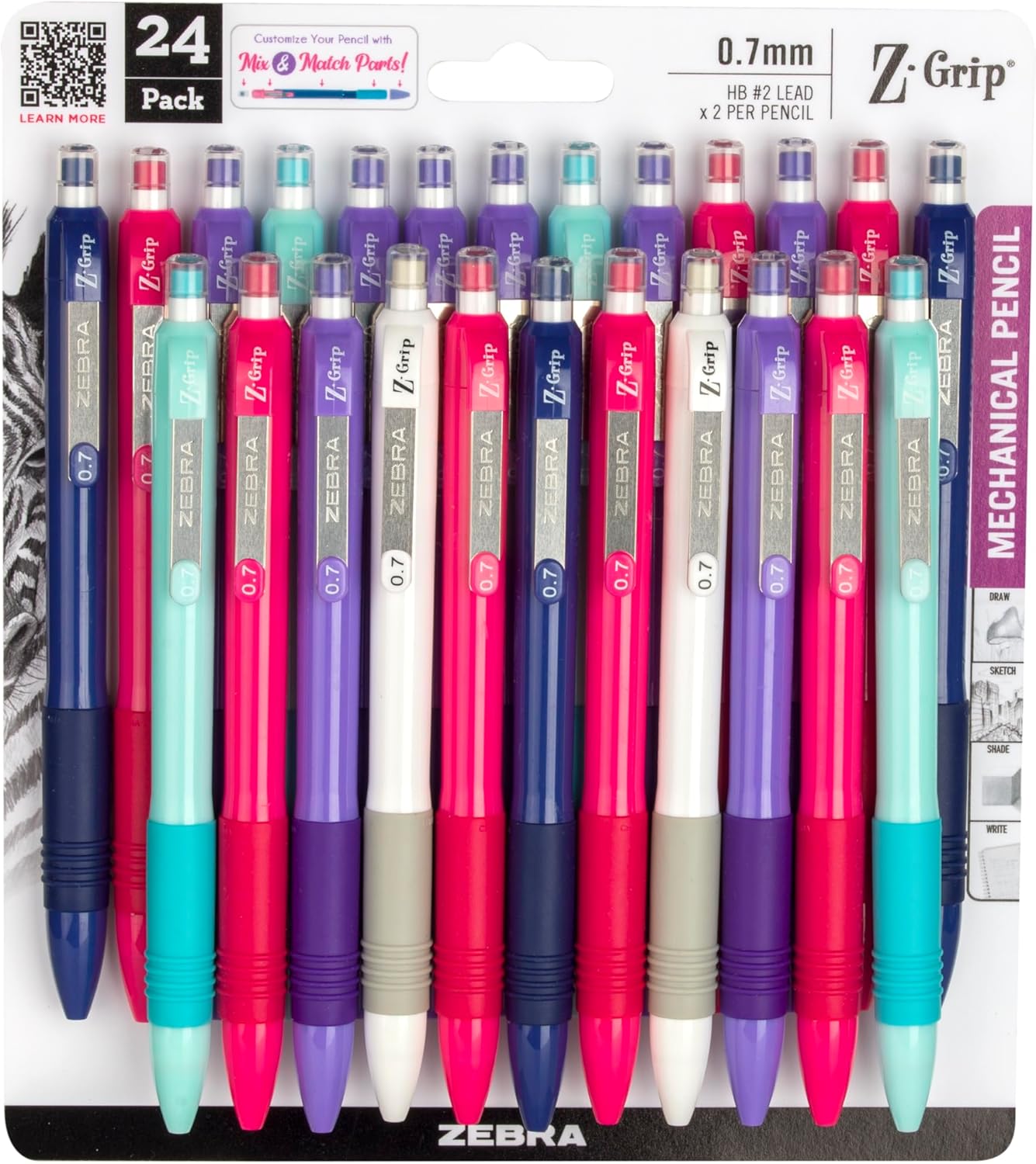 Zebra Pen, Z-Grip Mechanical Pencil, Smooth Writing, Latex-Free Grip, 0.7mm Lead, #2 HB, Pre-Loaded with Lead and Eraser, for School, Office, Everyday Use, Refillable, Clear Barrel, 24-Pack, (15241)
