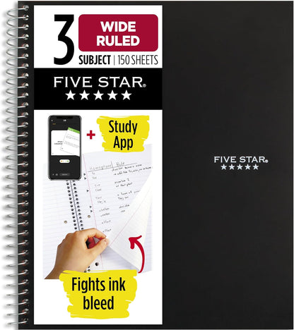 Five Star Spiral Notebook + Study App, 3 Subject, Wide Ruled Paper, 8" x 10-1/2", 150 Sheets, Fights Ink Bleed, Water Resistant Cover, Harvest Yellow (73463)