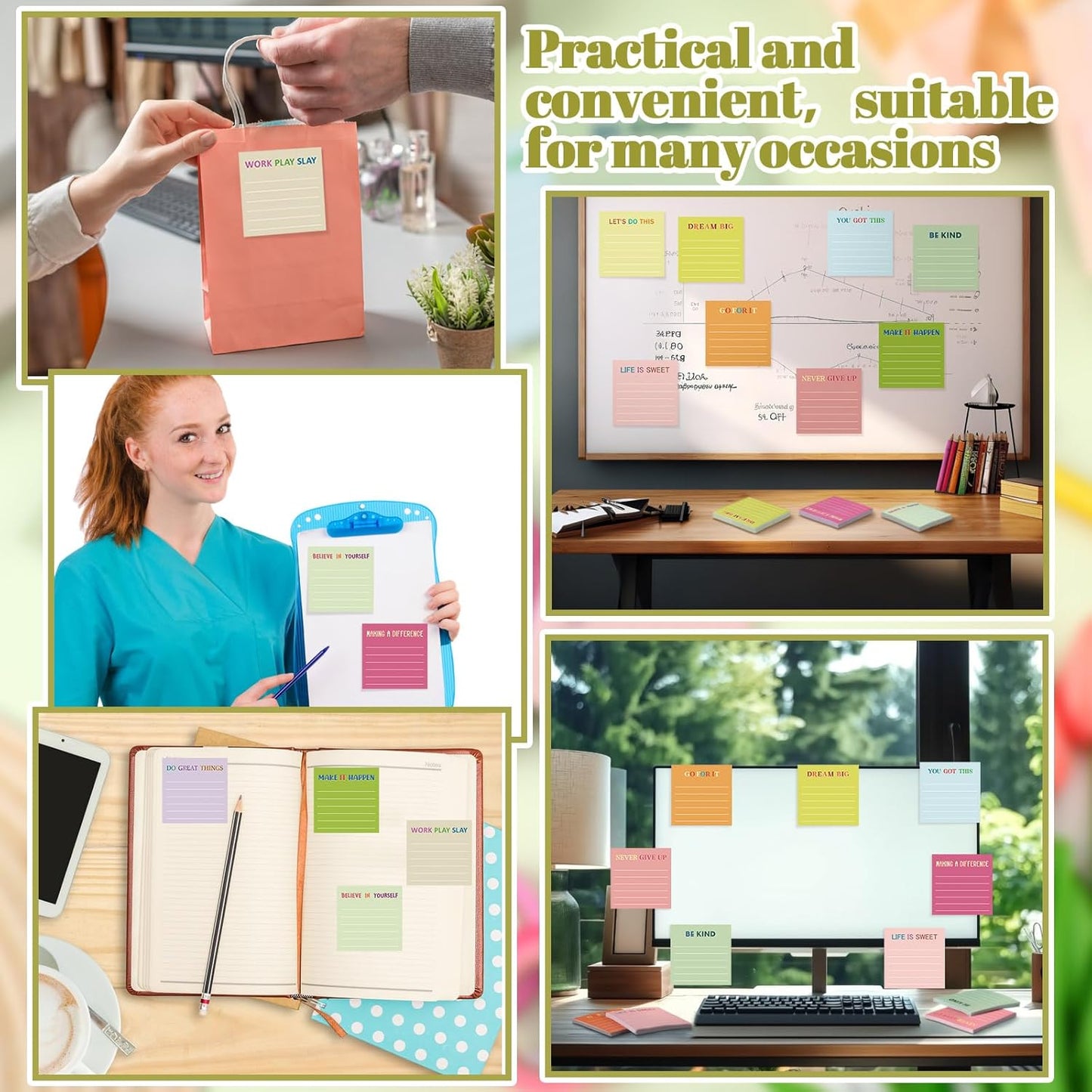 Yinder 48 Pcs Inspirational Sticky Notes Cute Motivational Sticky Notes Pad End of Year Employee Appreciation Gifts Bulk for Teacher Nurse Coworkers Office Supplies 3 x 3'' (Thank You,Dark Color)