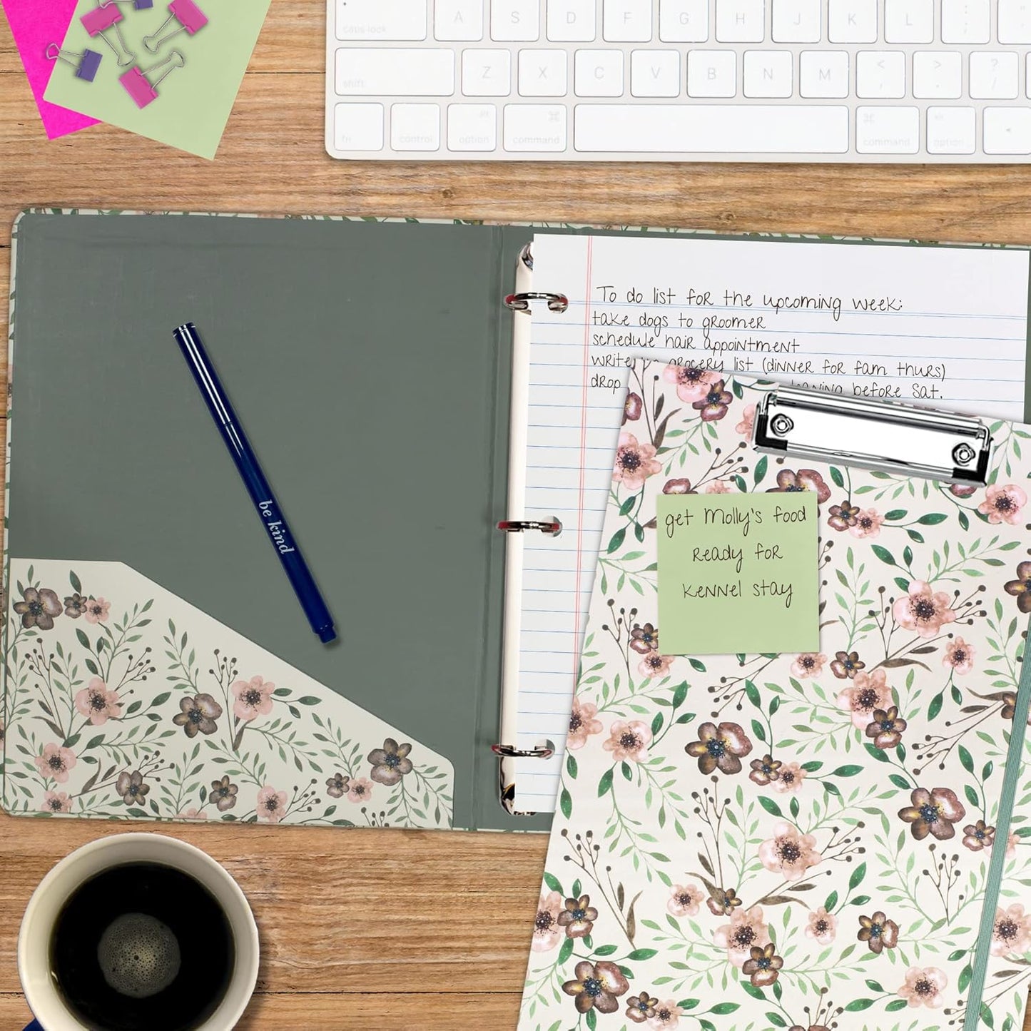 Steel Mill & Co Cute Clipboard Folio with Refillable Lined Notepad and Interior Storage Pocket, Floral Padfolio for Work, Garden Blooms Cream