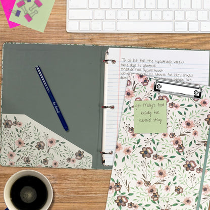 Steel Mill & Co Cute Clipboard Folio with Refillable Lined Notepad and Interior Storage Pocket, Floral Padfolio for Work, Garden Blooms Cream