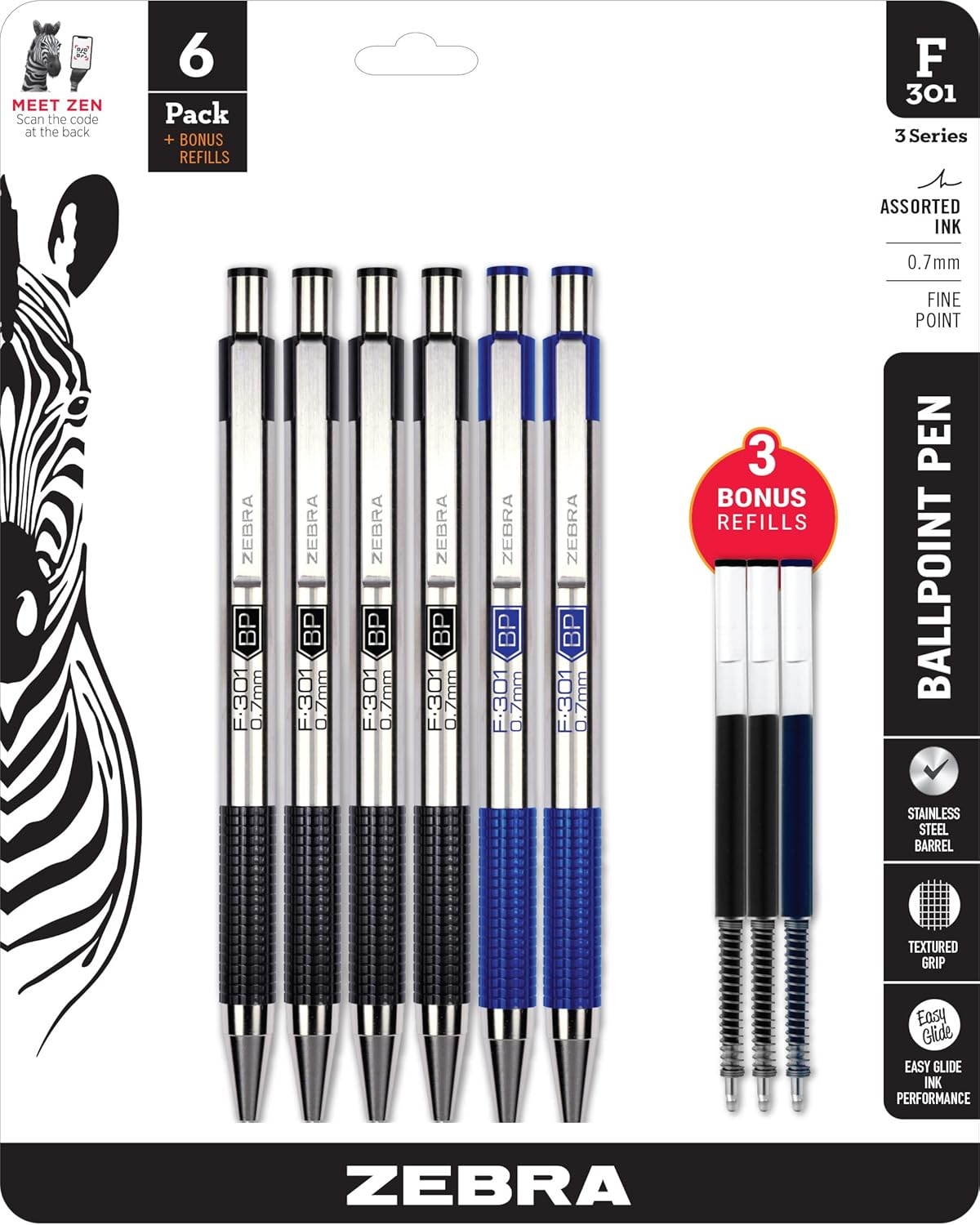 Zebra Pen F-301 Ballpoint Black, Blue, Red and Green Ink, Fine Point 0.7mm Pen, Easy-Glide Ink, Stainless Steel Retractable, Non-Slip Grip, Professional Design, Ideal for Office, 4-Pack (27174)