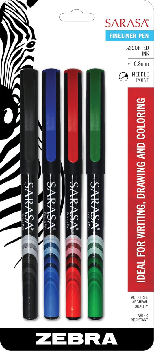 Zebra Pen, SARASA Fineliner Felt Tip Pens, 0.8mm Porous Point, Assorted Colors, Archival Quality, Acid Free, Fast-Drying Ink, Smooth Writing for Notes, Planners, and Journals, 10-Pack (67101)