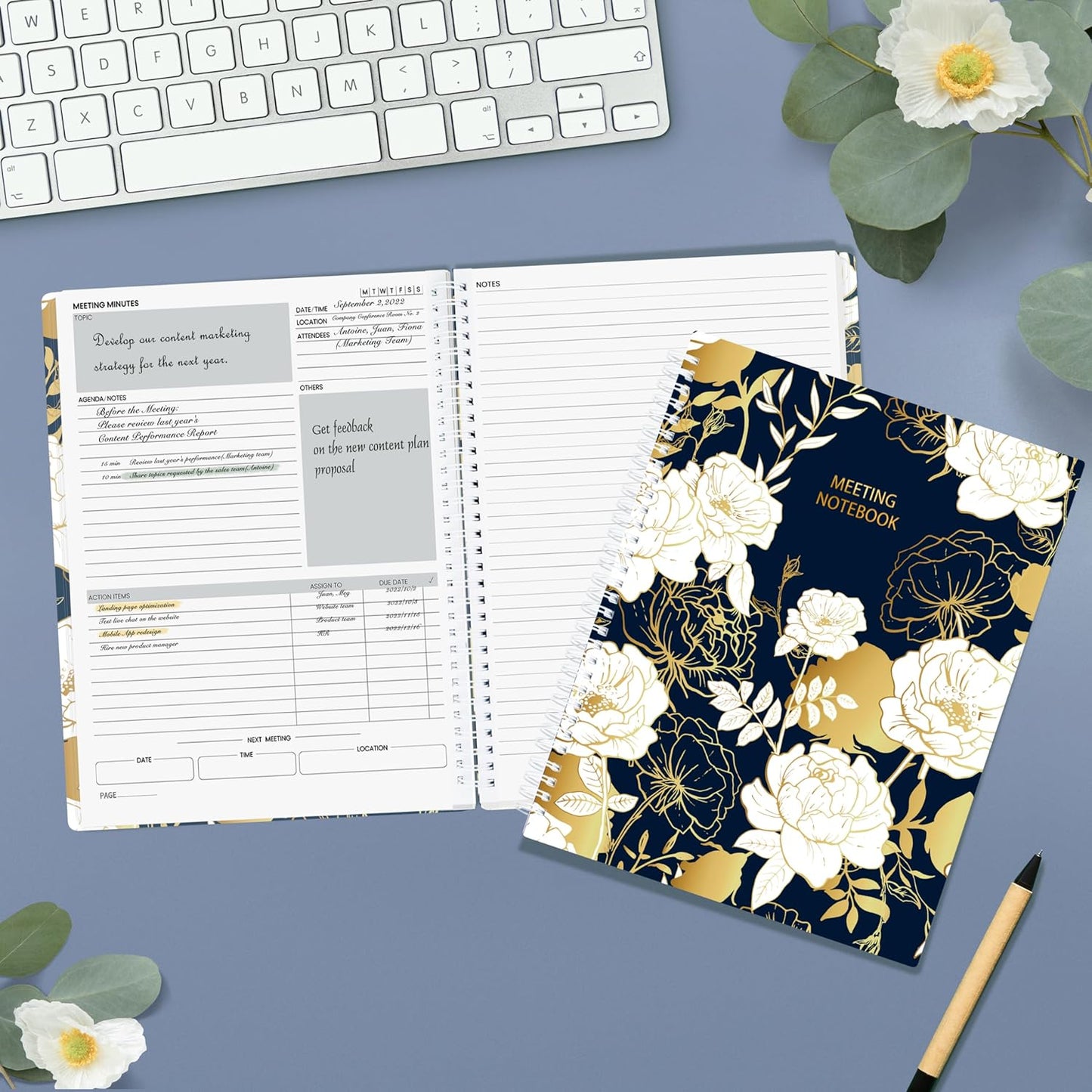 SUNEE Half Meeting Half Note - 7.5"x10" Professional Notebooks for Work - 160 Pages, B5 Size Project Planner, Spiral Meeting Agenda/Minutes Organizer for Women Men, Note Taking, Office & Business