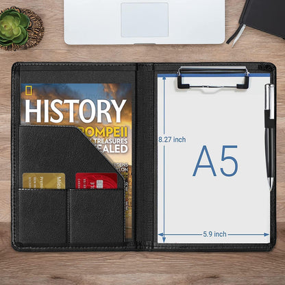 Small Clipboard Padfolio/Portfolio A5 Binder for Writing Pad Refillable 5 x 8 Note Pad, Faux Leather Clipboard Folder Junior Size Portfolio Organizer Folio Clip Board,Black