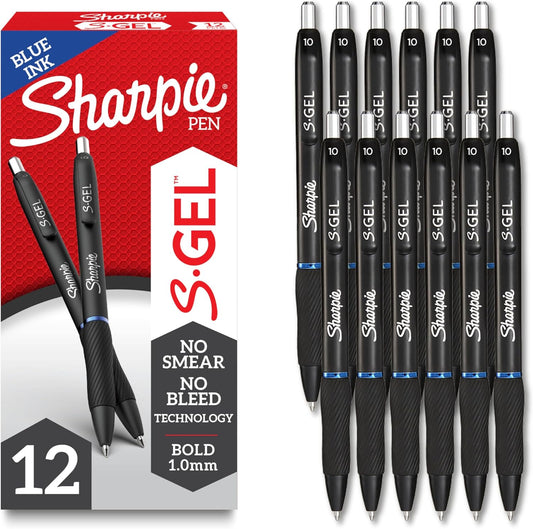 Sharpie S-Gel Gel Pens, Black Barrel, Bold Point (1.0mm), Blue Ink, 12 Count - Home, Office, School, Journaling, Writing, Note-Taking, Teacher Supplies