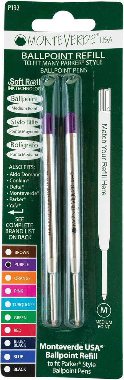 Monteverde Soft Roll Ballpoint Pen Refills to Fit Parker-Style Pens, Medium Point, Brown, 2-Pack, Smooth Writing Technology for Parker, Conklin, Schmidt, and More