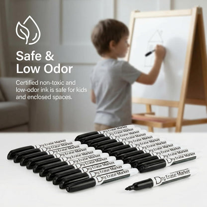 Volcanics Black Dry Erase Markers Low Odor Fine Whiteboard Markers Thin Box of 30