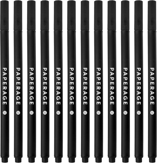 PAPERAGE Felt Tip Fine Point Pens (0.4mm), 12 Pack, Pens For Journaling, Notebooks, Planners, Calendars & Drawing, Great for School, Office, & Home (Black Ink)