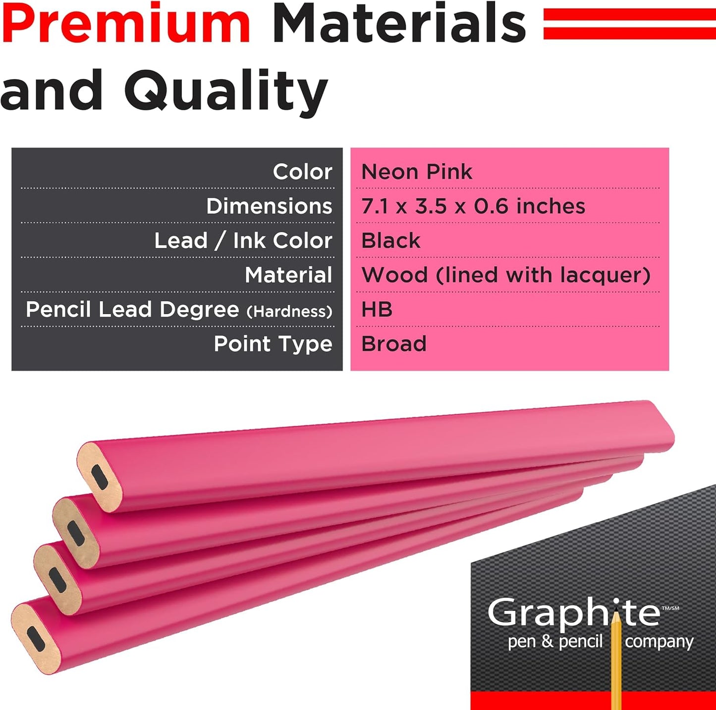 GRAPHITE Hard Lead Carpenter Pencils Bulk - (1) Pack of 12 Pieces Lumber Wooden Pencil #2 (HB) - Red