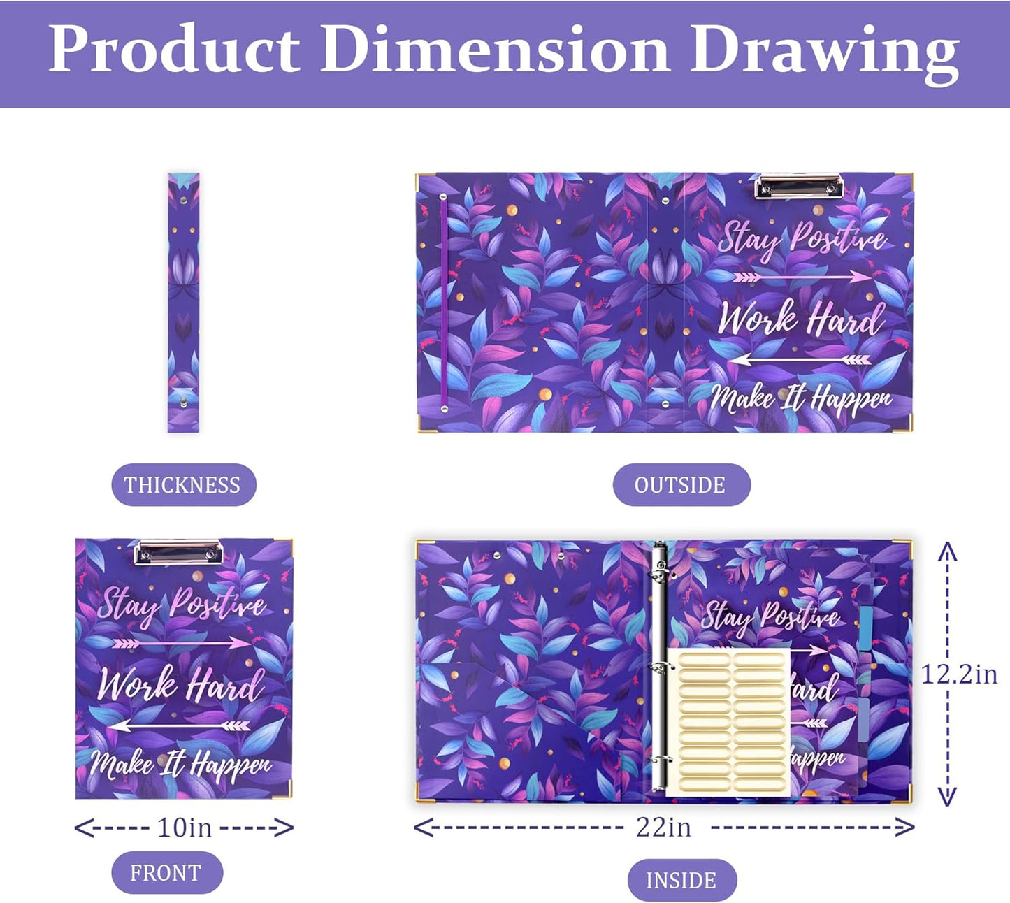 3 Ring Binder with Clipboard, 2 Pockets Purple 3 Ring Binder (11" x 8.6") Folders with Tab Dividers for Women School Office Supplies Portfolio