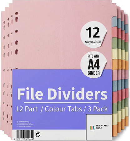 Binder Dividers with Tabs A4 12 Part | DIviders for 3 Ring Binder | Perfect for Organizing Pages in 3 Ring Binder Dividers with tabs, Each Set Includes Tab Dividers - The Paper Shop (1)