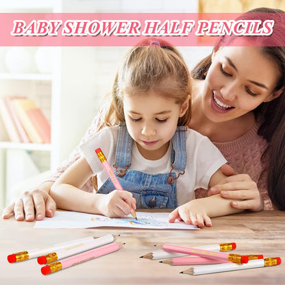 Crtiin 50 Pieces Baby Shower Pencils for Activities Mini Golf Half Pencils, Presharpened with Erasers, 4 Inch(Wood Color,Simple Style)