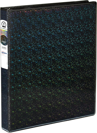Avery Luxe Collection Durable Holographic 3 Ring Binder, Customizable View Cover, 1 Inch Round Rings, 1 Holographic Black Binder (03225)