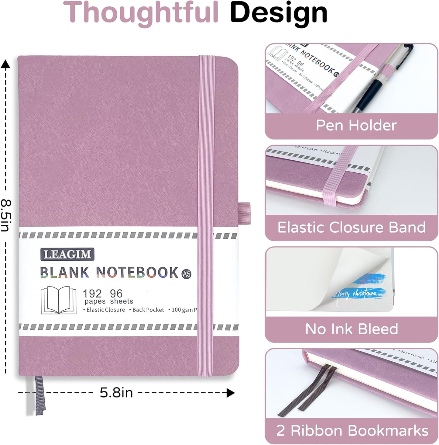 Blank Journal Notebook, A5, 192 Pages 100 GSM Thick Sketch Book for Women Men, Hardcover Leather Unlined Journaling for Work, Notebooks for Writing, 5.8 inches x 8.5 inches (Black)