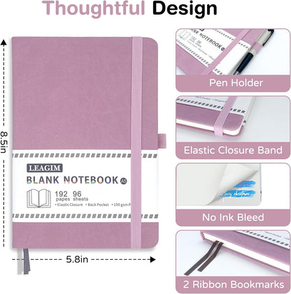 Blank Journal Notebook, A5, 192 Pages 100 GSM Thick Sketch Book for Women Men, Hardcover Leather Unlined Journaling for Work, Notebooks for Writing, 5.8 inches x 8.5 inches (Black)