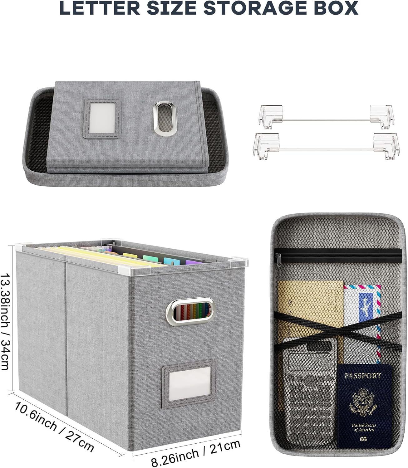 Oterri File Organizer Box with Lid, Hanging Filing File Box with Mesh Pocket, Document Organizer Box for Letter Files, Portable Storage Box with Smooth Sliding Rail for Office&Home (1 PCS, Beige)