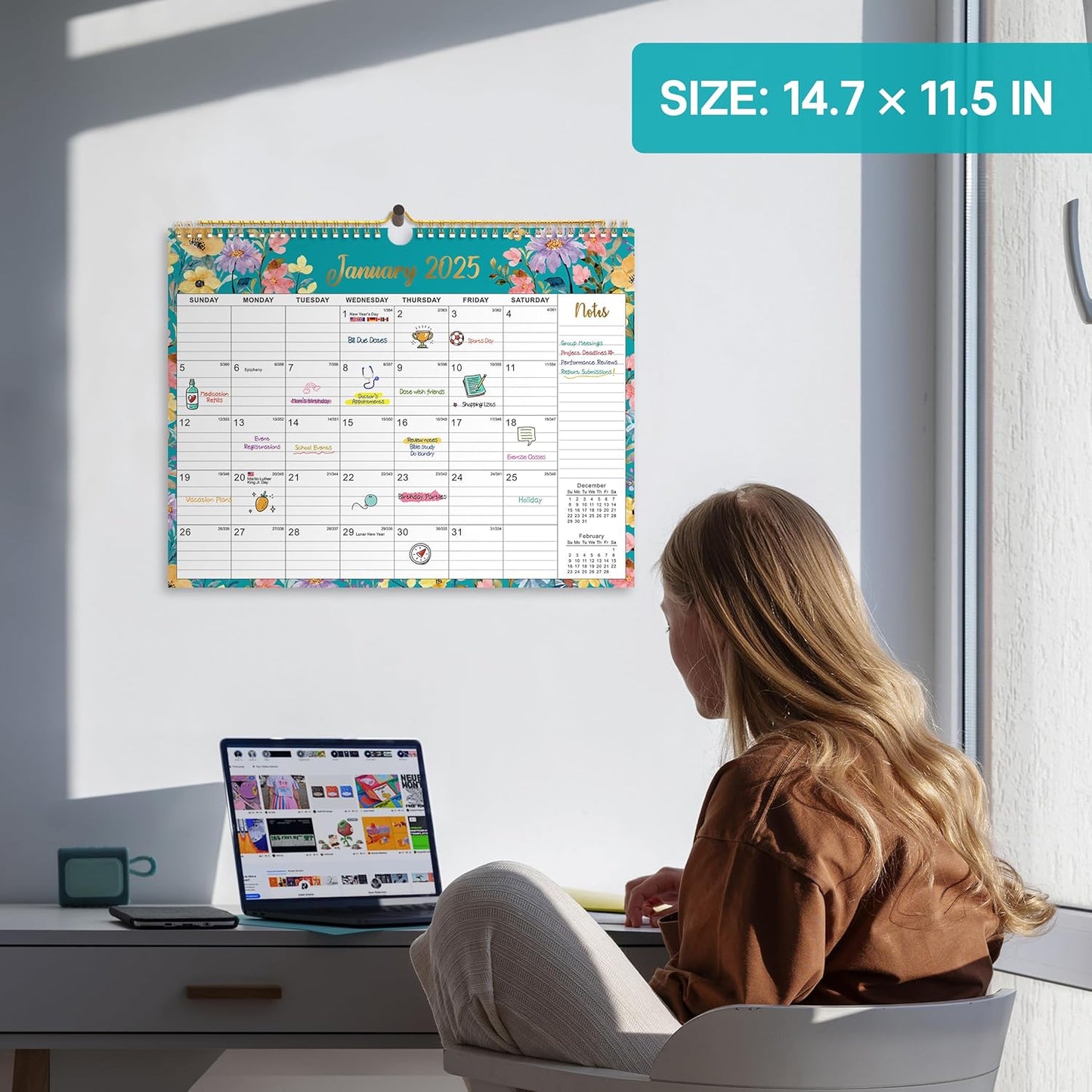 Calendar 2026-2027, Monthly Wall Calendar Runs Until June 2027, 11.5" x 14.8", Spiral Binding Hanging Wall Calendar, Perfect for Home or Office,Floral