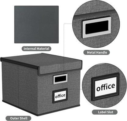 Huolewa Upgraded Portable File Organizer Box with Lid, Collapsible Linen Hanging Filing Storage Boxes with Plastic Slides, Decorative Home/Office Filing System Box for File and Folders Storage (Gray)