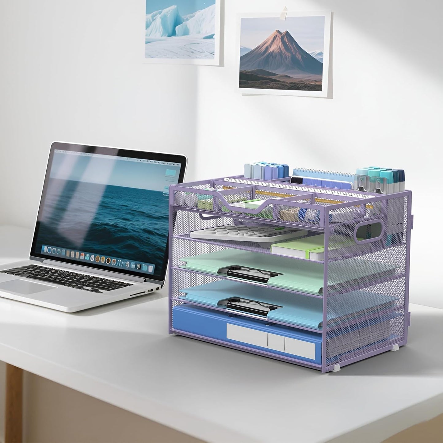 Docnest 5 Tier Letter Tray with Hanging File Organizer-Mesh Desk Organizer-Desktop Storage Box Built in Pen Holder and Handles, File Folder Holder for Mail Documents Office Supplies-Black