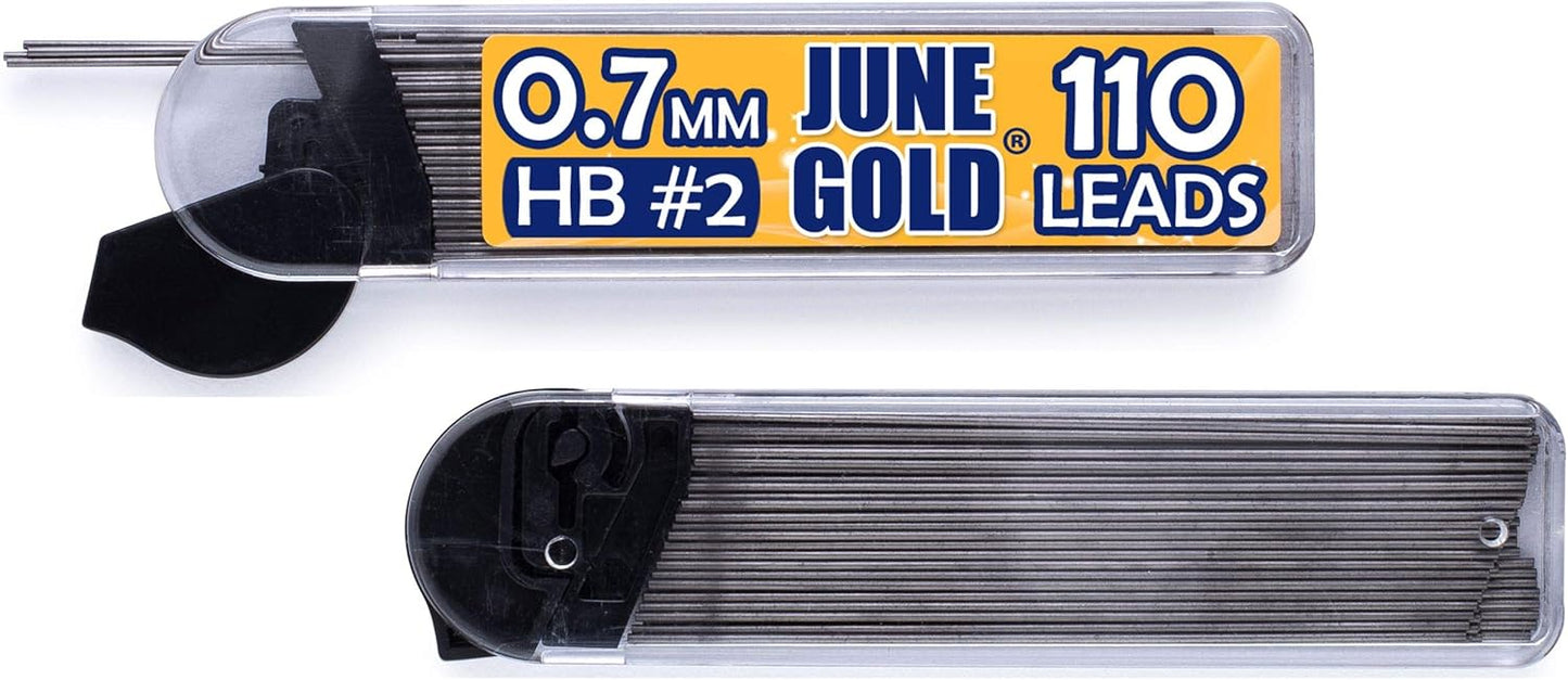 June Gold 72 Mechanical Pencils, 0.7 mm HB #2 Lead, 2 Dispensers/w 220 Graphite Refills & 16 Refill Erasers, Break Resistant Lead, Convenient Side Click & Soft Non-Slip Grip