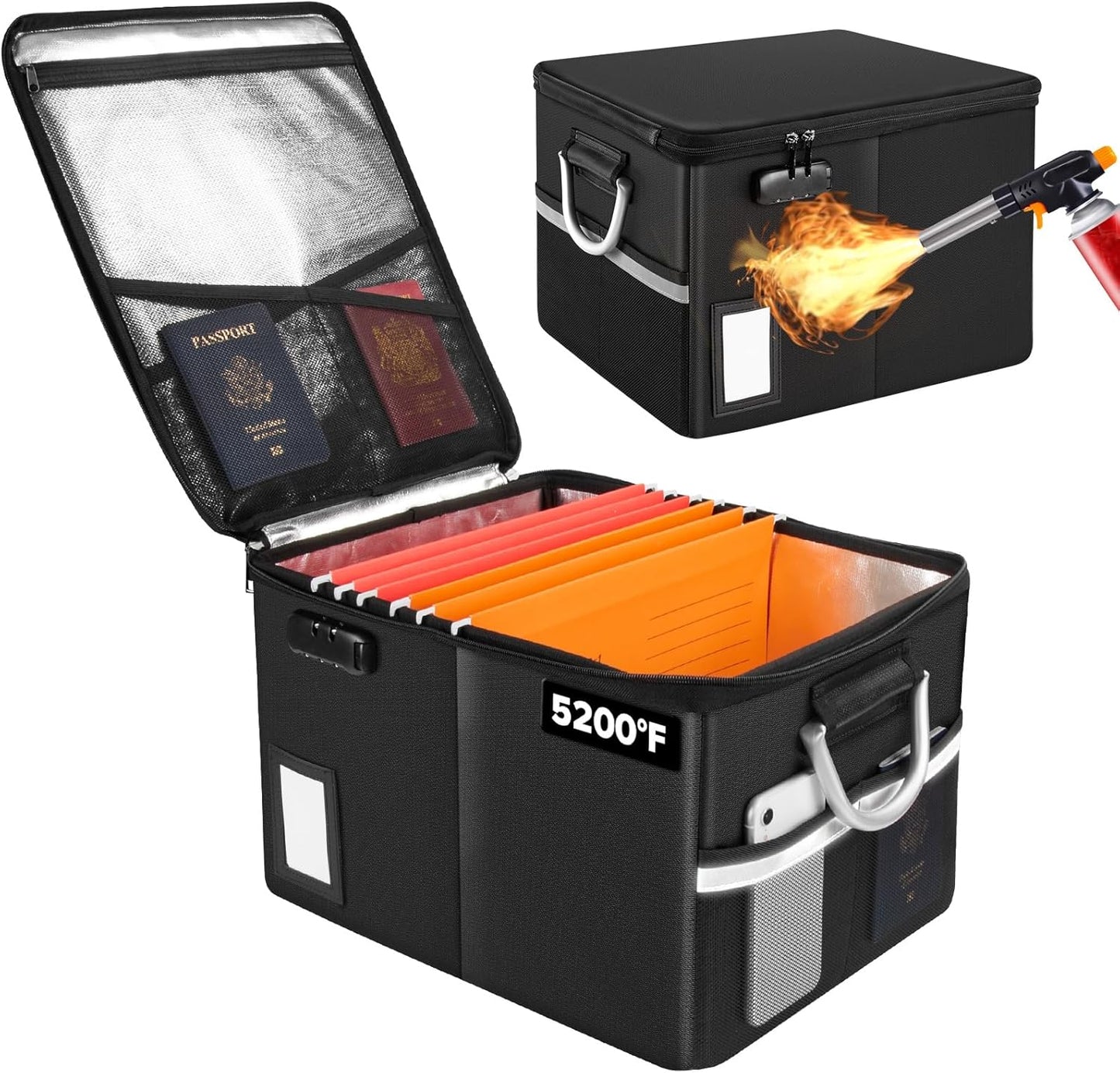 TOMKID Fireproof Document Box, Fireproof File Box with Lids, Important Document Organizer Box with Lock, Portable File Folder Organizer with Handle