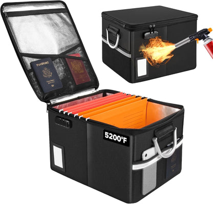 TOMKID Fireproof Document Box, Fireproof File Box with Lids, Important Document Organizer Box with Lock, Portable File Folder Organizer with Handle