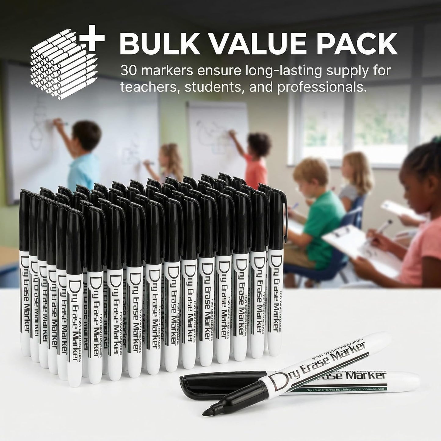 Volcanics Black Dry Erase Markers Low Odor Fine Whiteboard Markers Thin Box of 30