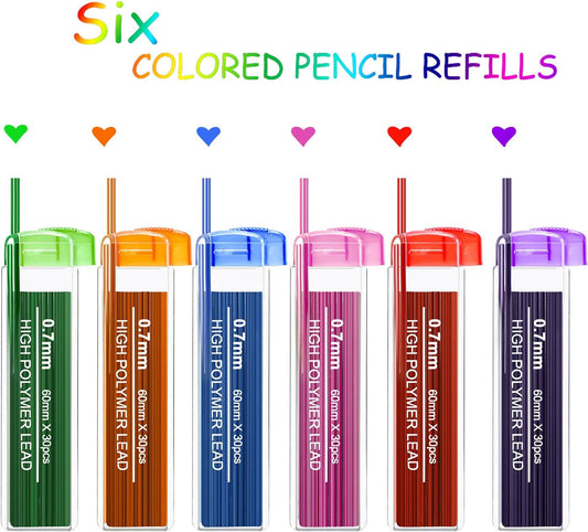 JOVITEC Color Pencil Lead Refills 0.7 mm Mechanical Lead Pencil Refills for Home Offices, 0.7 mm Hb, 6 Color Set(180)
