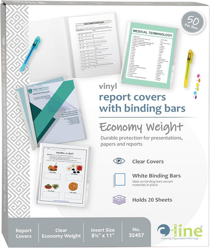 C-Line Report Covers with Binding Bars, Red Vinyl, Red Bars, 8.5 x 11 Inches, 50 per Box (32554)