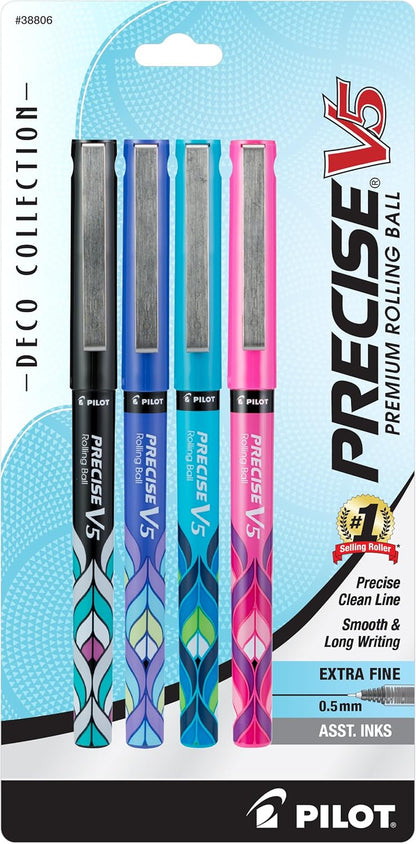PILOT Precise V5 Stick Deco Collection Liquid Ink Rolling Ball Stick Pens, Extra Fine Point (0.5mm) Assorted Ink Colors, 9-Pack (38811)