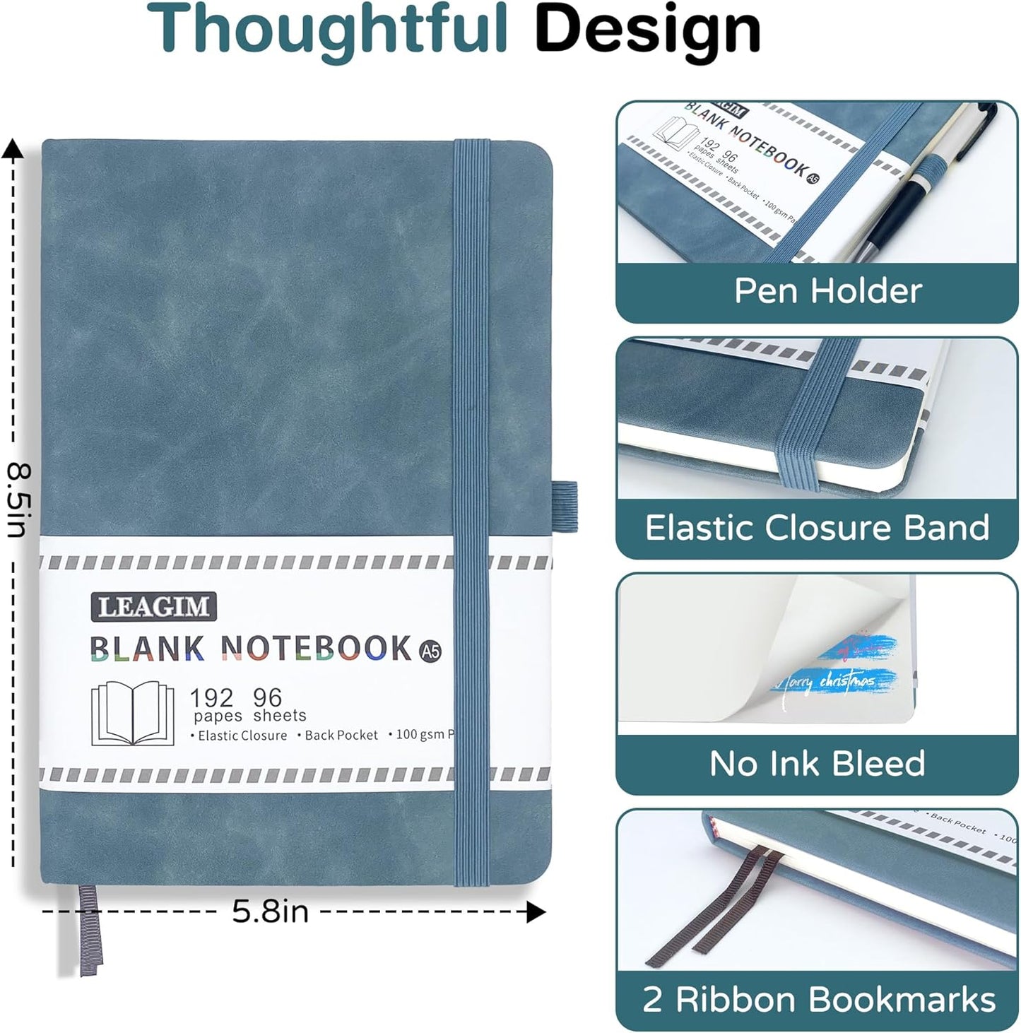 Blank Journal Notebook, A5, 192 Pages 100 GSM Thick Sketch Book for Women Men, Hardcover Leather Unlined Journaling for Work, Notebooks for Writing, 5.8 inches x 8.5 inches (Black)