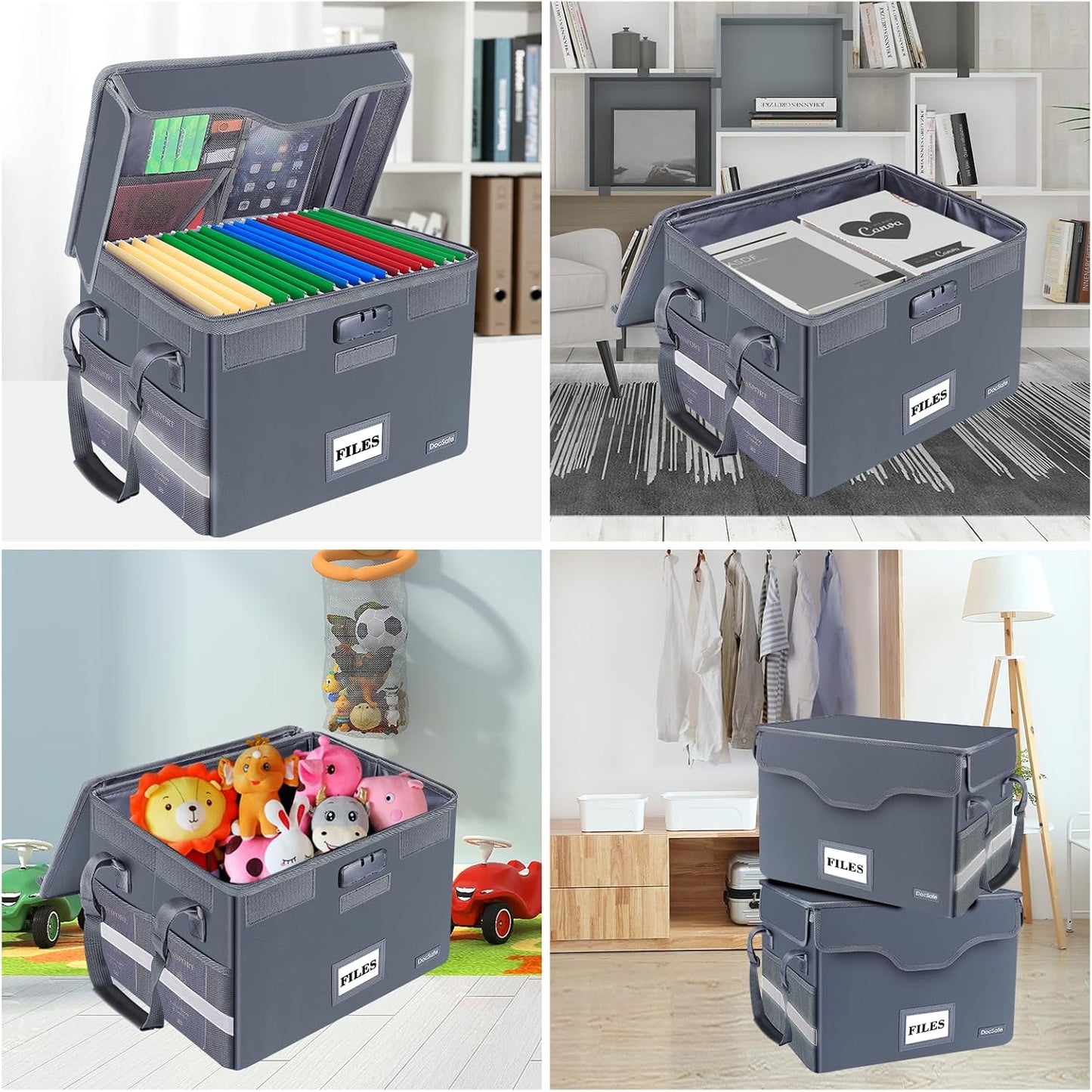 DocSafe Fireproof Document Box with Lock, File Storage Organizer with Mesh Pockets, Collapsible Portable File Box Home Office Safe Filing Cabinet with Handle for Hanging Letter/Legal Folder, Black