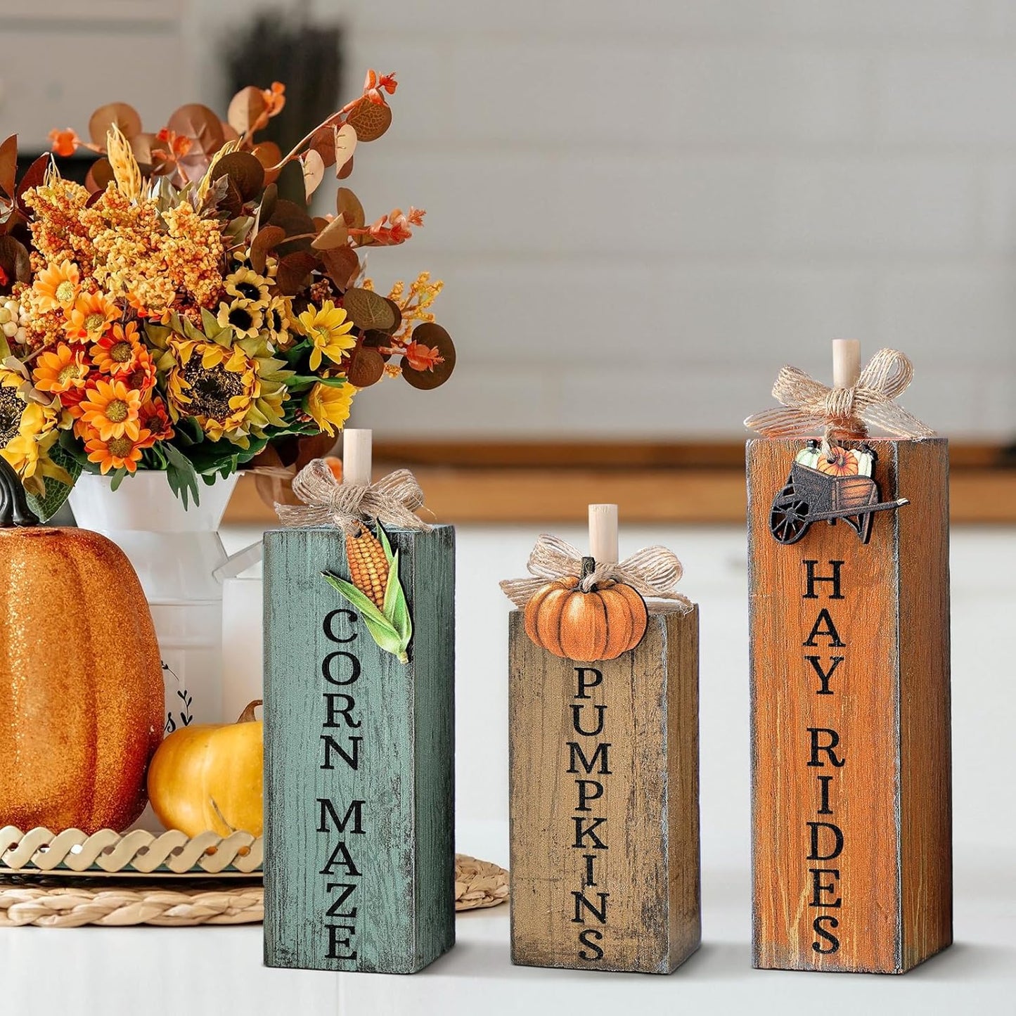 GlikCeil 3 Pcs Teacher Appreciation Week Table Decorations Wooden Classroom Decor Wood Pencil Notebook Paper Tiered Tray Decor for Teacher Desk, Back to School Party, Classroom Shelf