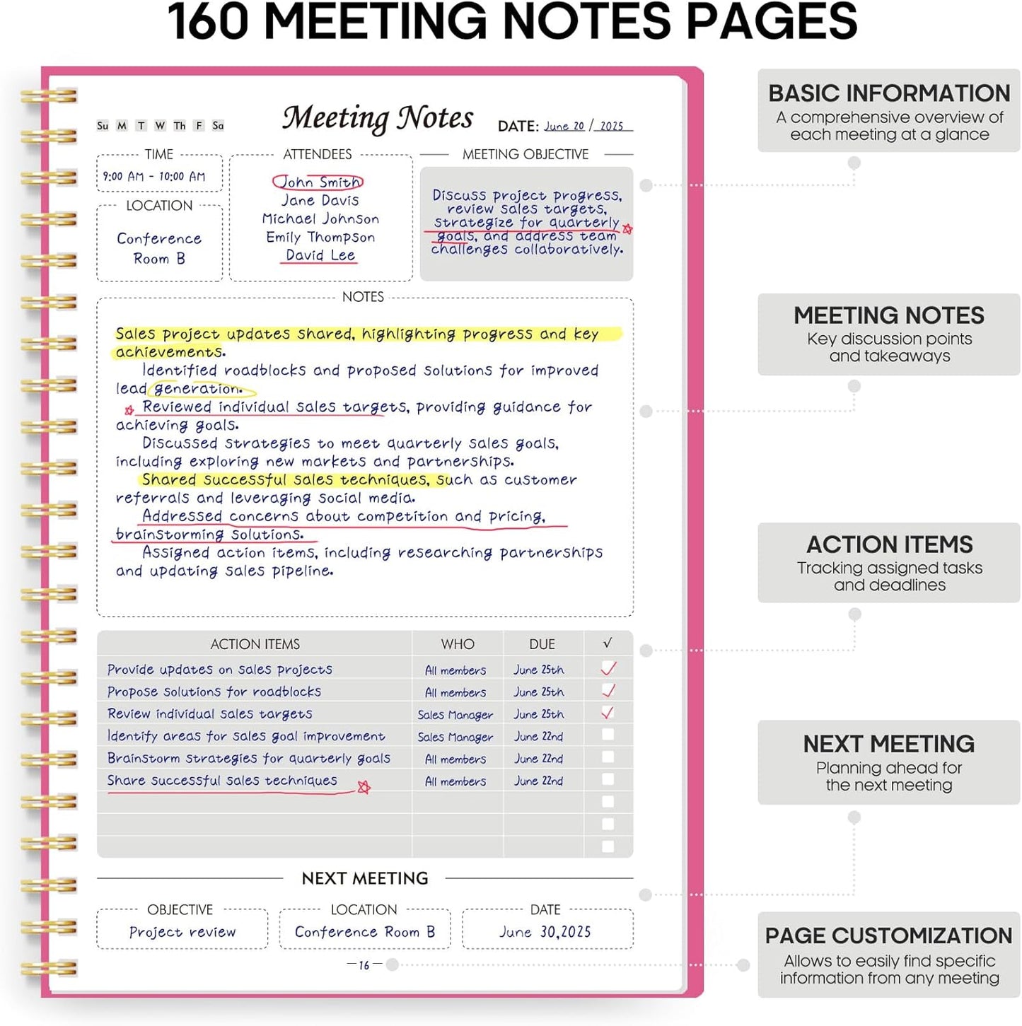Taja Meeting Notebook for Work Organization - Work Planner Notebook with Action Items, Agenda Planner for Note Taking, 160 Pages (6.9" X 9.9") Project Organizer for Men & Women - Blue