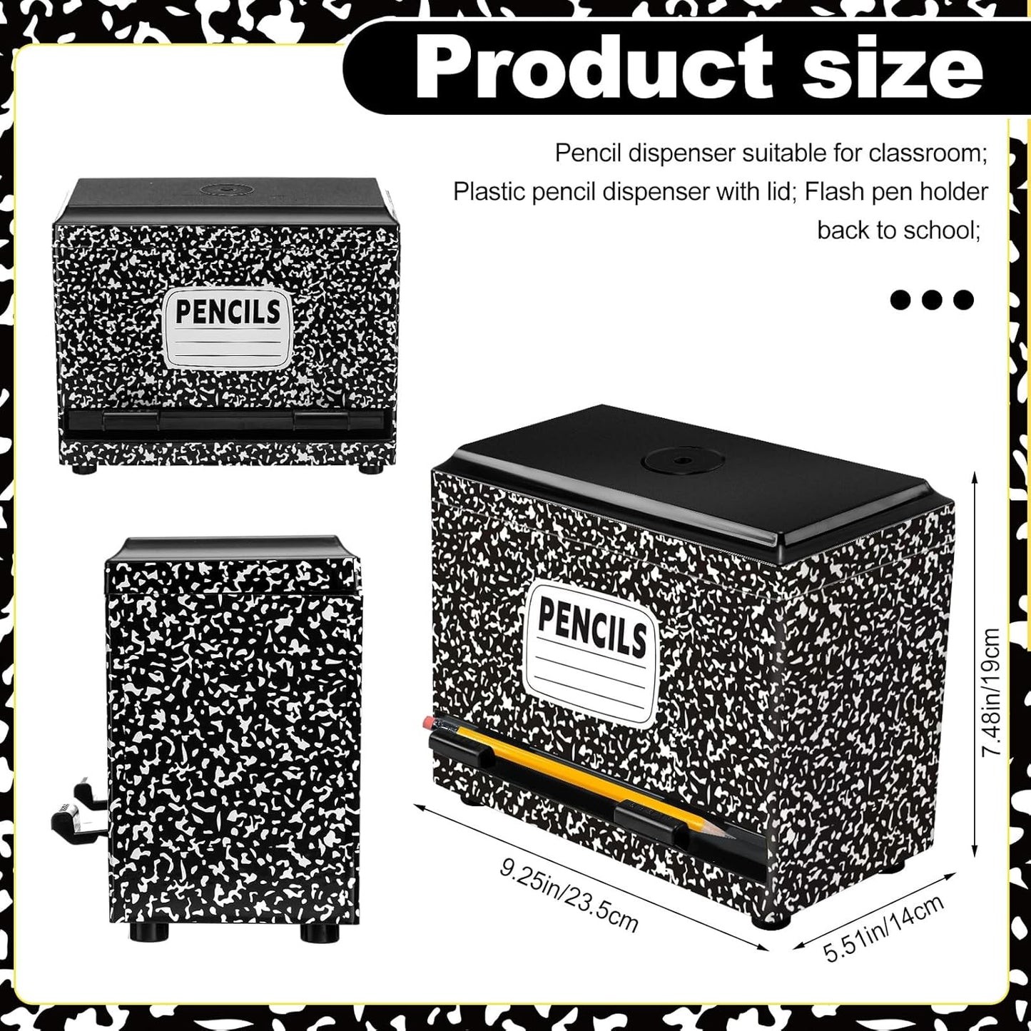 Briwooody Composition Pencil Dispenser for Classroom Back to School Teacher Must Have Black White Composition Notebook Classroom Decor Pencil Dispenser with Lid Teacher Gift for Pre K to Middle School