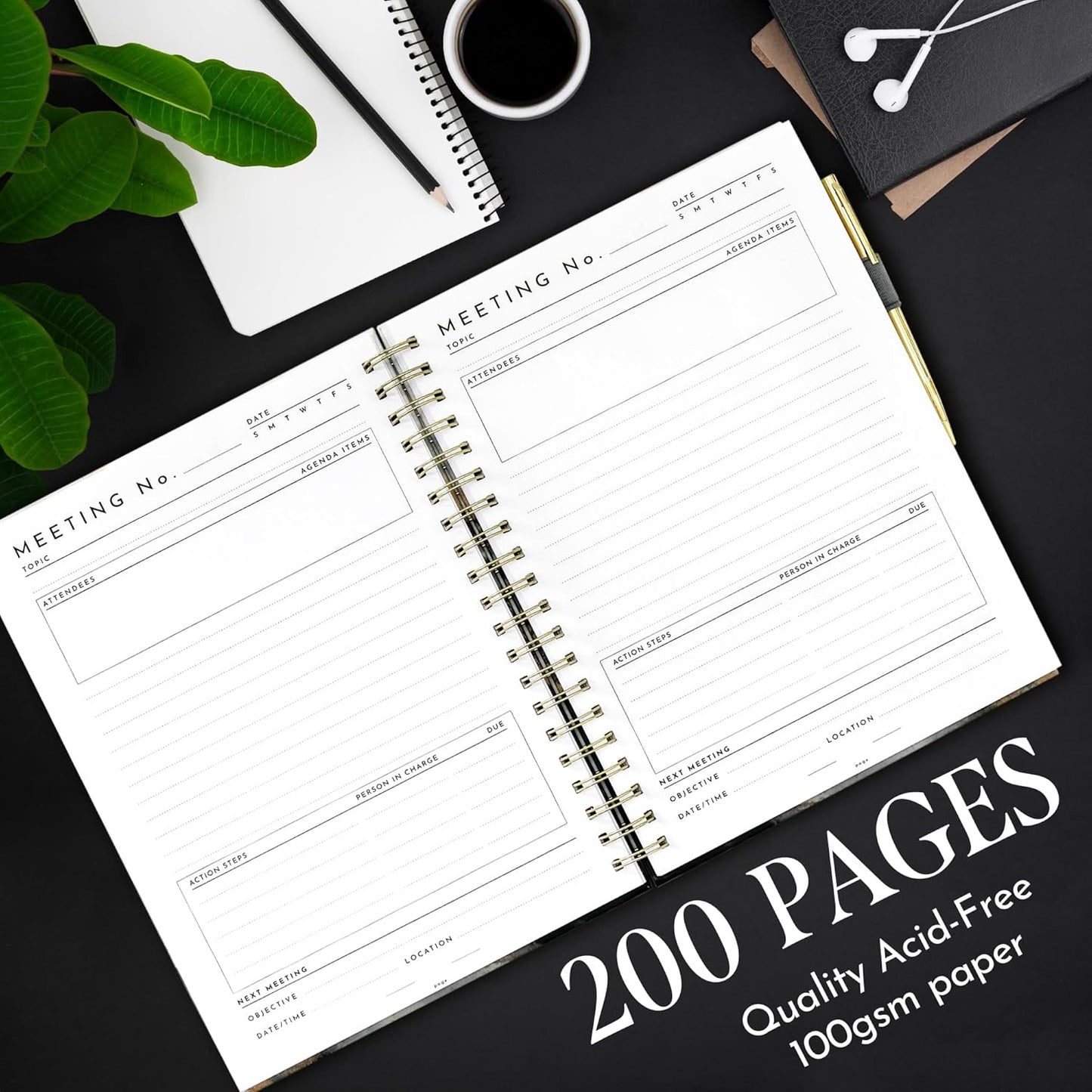 Executive Professional Meeting Notebook with Pen - High-End Hardcover Business Planner Organizer for Work, School & Office, 10.5" x 8", 200 Pages