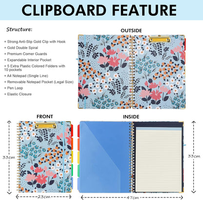 Spiral Clipboard Folio with Refillable Lined Notepad, 5 Extra Folders, 10 Pockets, File Label, Elastic Closure, Pen Loop (GentleBlue, A4)