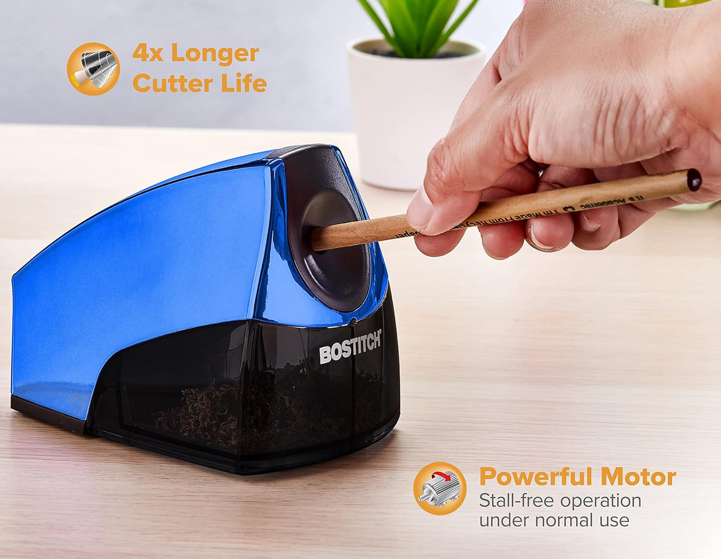Bostitch Office Electric Pencil Sharpener for Classroom & Desk Use, Heavy-Duty Stall-Free Motor, High-Capacity Shavings Tray, Blue