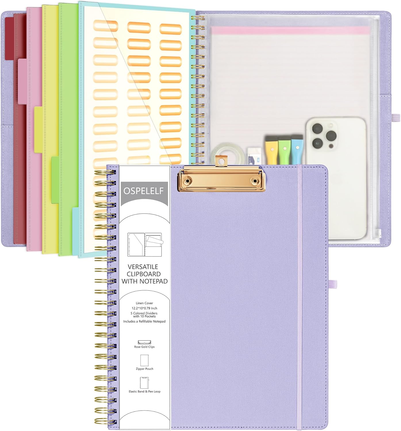 Ospelelf Foldable Spiral Clipboard Folio with Storage Zipper Pouch, 5 Plastic Folders with 10 Pockets,Refillable Lined Notepad (11" x 8.5"), Hardcover Project Organizer with 39 Stickers (Purple)