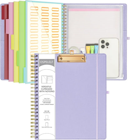 Ospelelf Foldable Spiral Clipboard Folio with Storage Zipper Pouch, 5 Plastic Folders with 10 Pockets,Refillable Lined Notepad (11" x 8.5"), Hardcover Project Organizer with 39 Stickers (Purple)