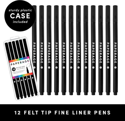 PAPERAGE Felt Tip Fine Point Pens (0.4mm), 12 Pack, Pens For Journaling, Notebooks, Planners, Calendars & Drawing, Great for School, Office, & Home (Black Ink)