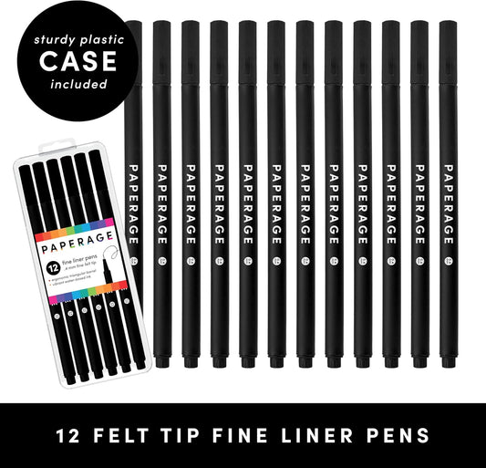 PAPERAGE Felt Tip Fine Point Pens (0.4mm), 12 Pack, Pens For Journaling, Notebooks, Planners, Calendars & Drawing, Great for School, Office, & Home (Black Ink)