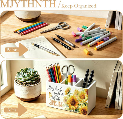 Don't Overthink It Inspirational Pencil Pen Holder for Desk, Pink Positive Affirmations Wooden Box Sign Pen Holder Organizer for Home Office School Desk Accessories