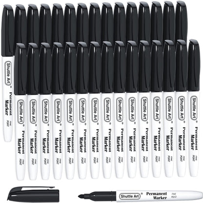Shuttle Art Permanent Markers, 30 Pack Black Permanent Marker set, Fine Point, Works on Plastic, Wood, Stone, Metal and Glass for Doodling, Marking